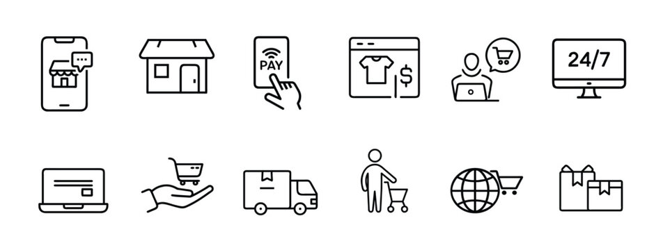 Online shopping ecommerce retail global delivery store web line icons set smartphone laptop truck payment customer box globe & more vector illustration with editable stroke