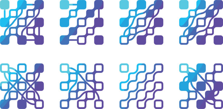 Abstract digital network grid icons set with connected nodes and square matrix elements for technology concept vector