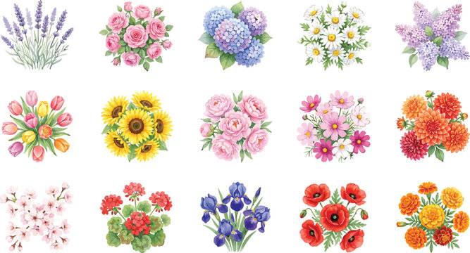 Set of watercolor flower bouquets featuring lavender roses hydrangea daisies and poppies for floral design and decoration
