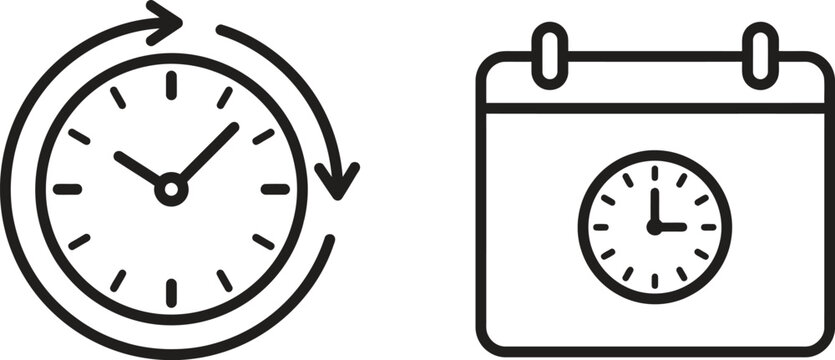 Black outline icons of a clock with rotating arrows and a calendar with a clock symbol