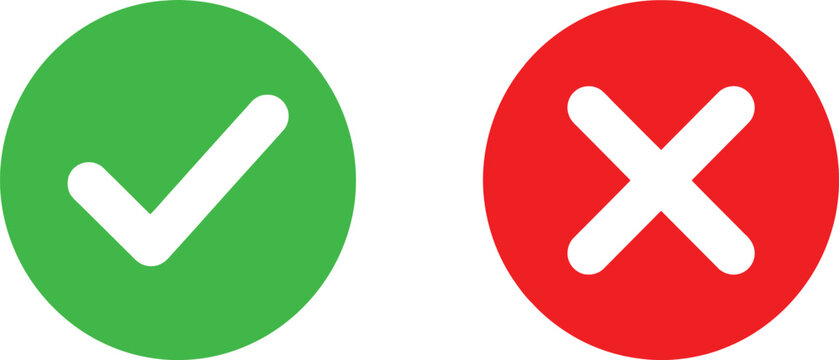 Green check mark and red cross sign icons for true or false choice and survey feedback selection