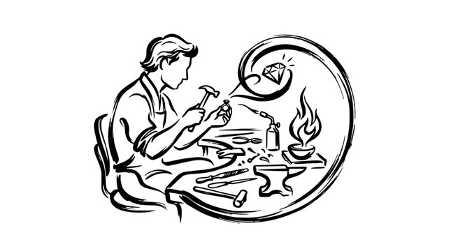Jeweler illustration working with diamond and tools.