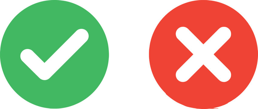 Green check mark and red cross sign icons for true or false choice and survey feedback selection