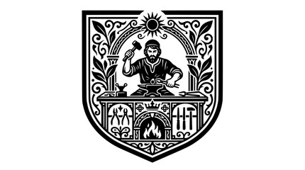 Obraz premium Vintage blacksmith shield emblem with hammer and anvil.