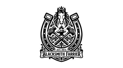 Obraz premium Blacksmith Farrier crest with horse head and anvil.