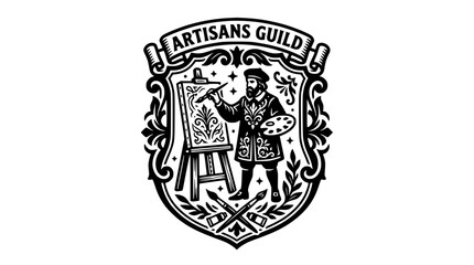 Vintage artisans guild emblem with painter. © changnut