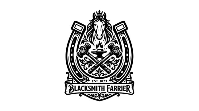 Blacksmith Farrier crest with horse head and anvil.