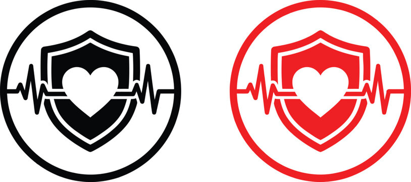Medical heart shield protection icons with heartbeat pulse line in black and red colors