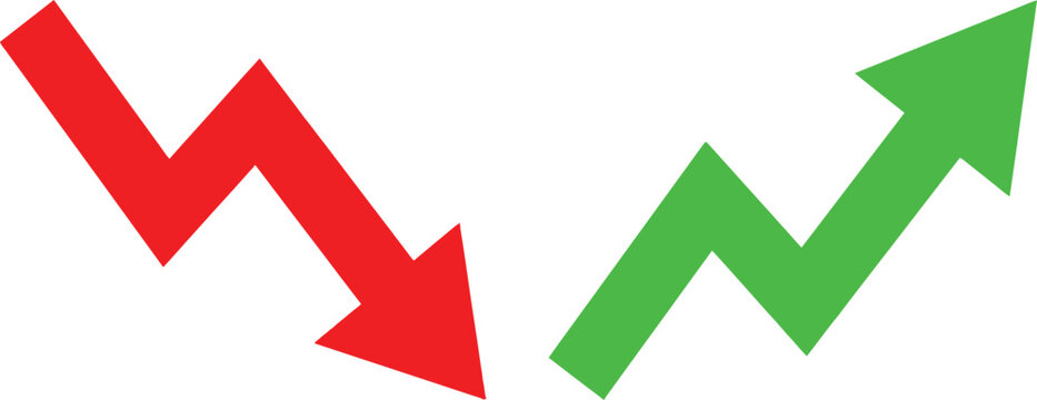 Red down arrow and green up arrow showing financial trends for business growth and market decline