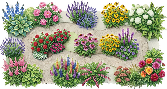 Top view garden flower bed design with various blooming perennials and stone path vector illustration set