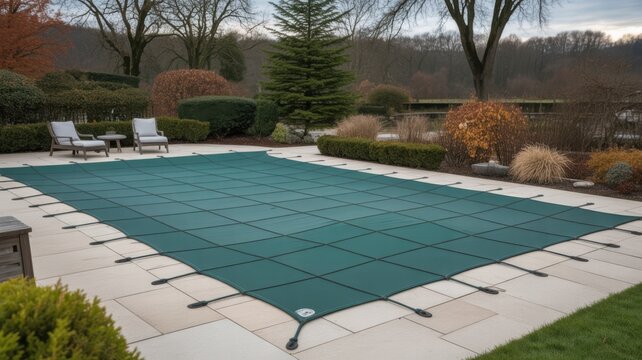 Green safety mesh pool cover on a patio in autumn