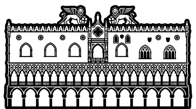 Black and white architectural sketch of Doge's Palace fa&ccedil;ade.