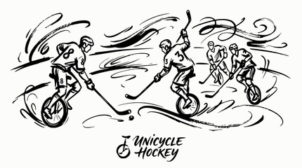 Stylized unicycle hockey players in action sketch. © brian