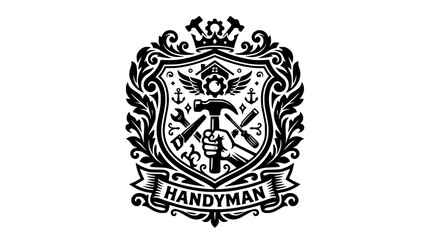Obraz premium Decorative handyman crest emblem with crossed tools.