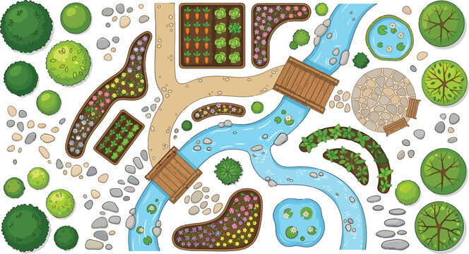 Top view garden landscape elements with river bridges trees flower beds and stone paths vector illustration set