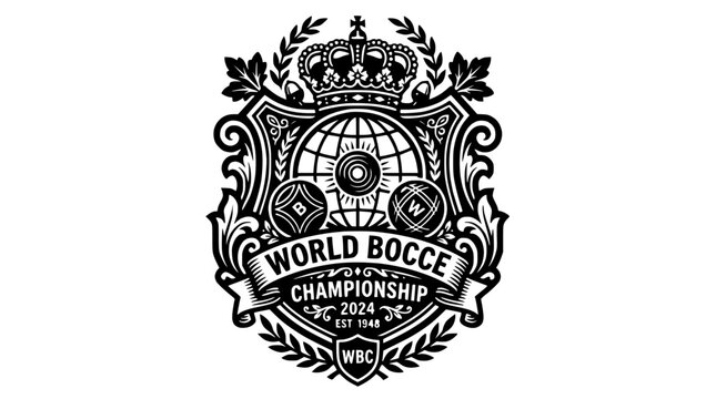 Ornate bocce ball world championship heraldic crest.