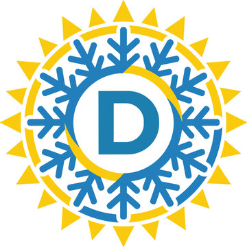Monogram letter D logo vector design featuring blue snowflake and yellow sun shapes inside circular frame
