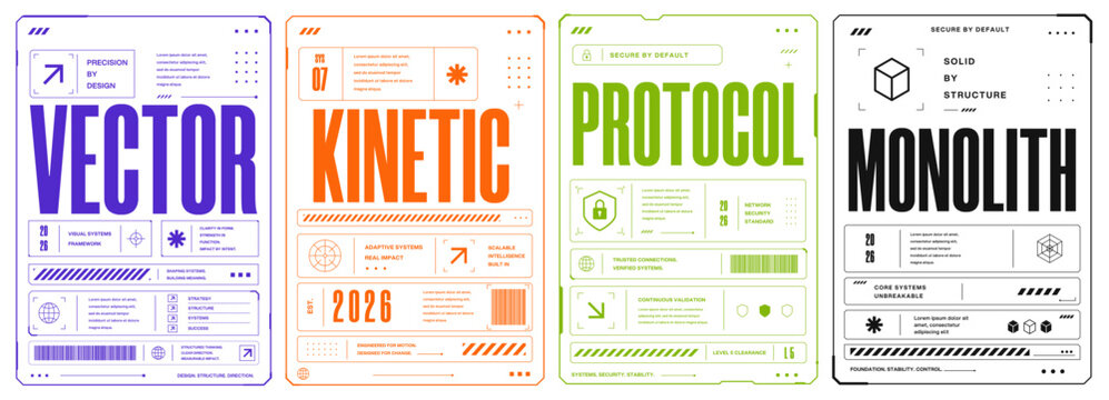 Retro futuristic typography poster set with cyberpunk HUD interface techwear graphics Y2K sci fi layouts design