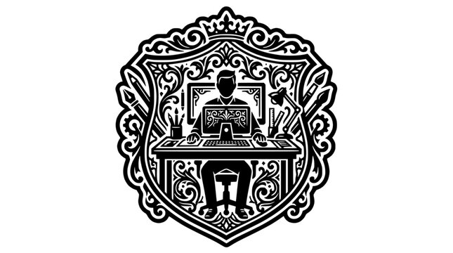 Ornate shield emblem showing person working at a desk.