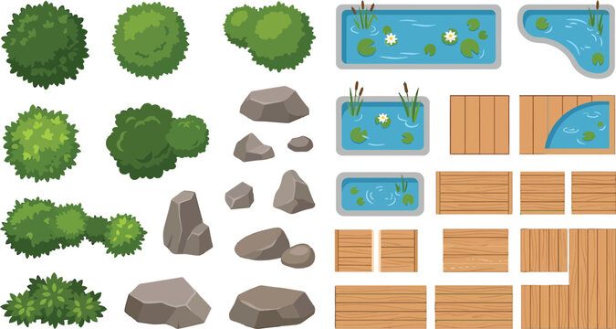 Top view landscape design elements with trees bushes rocks garden ponds and wooden deck floor tiles vector