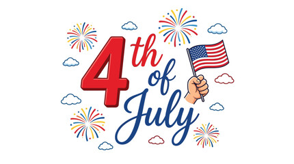 Obraz premium A hand holding an American flag with festive fireworks and clouds celebrates the Fourth of July holiday in a colorful graphic illustration.