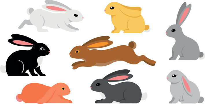 Cute Colorful Flat Design Bunny Rabbit Characters Collection in Different Poses Vector Illustration Set