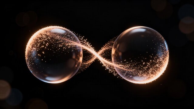 Two glowing spheres connected by sparkles