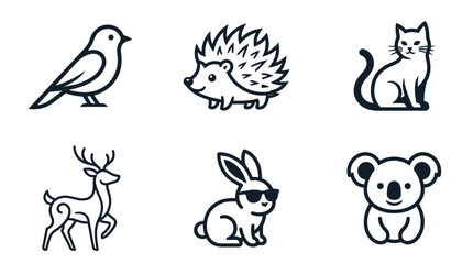 Obraz premium Animals displayed in simple line art style are arranged in a grid to show a variety of cute creatures for modern web design projects.