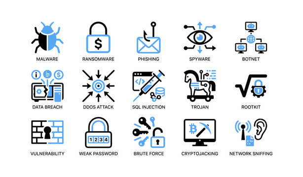 Cybersecurity threat icons set showing malware and attack types