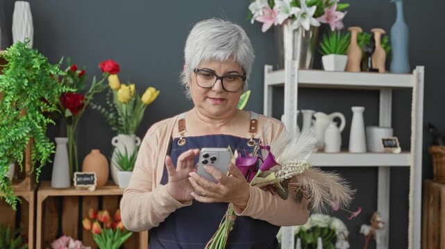 Woman florist wearing apron and glasses holding calla lilies, pampas grass bouquet and smartphone, thumbs typing while smiling among vases and plants in studio; calm small business.