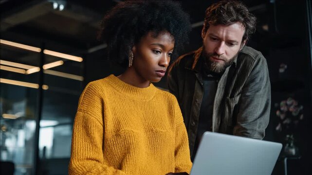 A man and woman working together on a laptop computer.