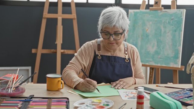 Woman painter holding brush, hand on green paper, sketching at tabletop with palette, watercolors, brushes and mug, wearing apron in studio; creative focus serenity.