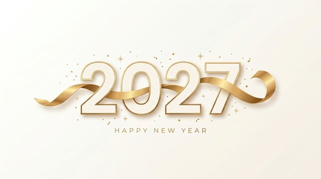 Gold happy new year 2027 elegant greeting card with 3d numbers and flowing silk ribbon decoration on clean cream background for premium festive celebration invitation social media banner web display.