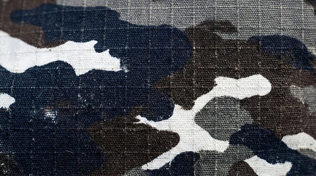 Closeup of camouflage fabric texture with grid pattern, featuring dark blue, brown, grey, and white abstract shapes