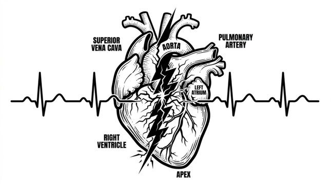 Detailed illustration of human heart anatomy with labeled parts