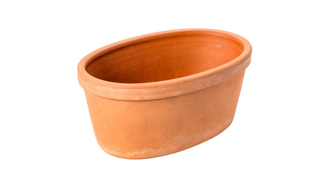 Empty terracotta clay garden flower pot container isolated on transparent background cut out