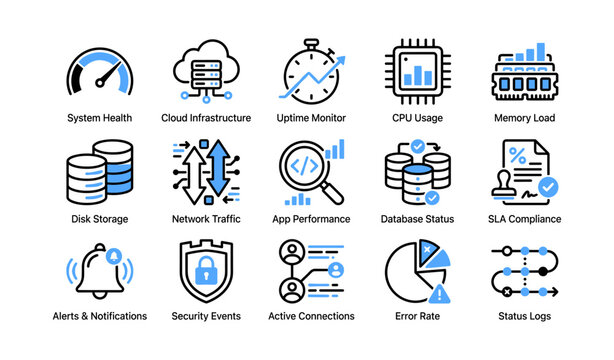 It monitoring icons representing system metrics on white background