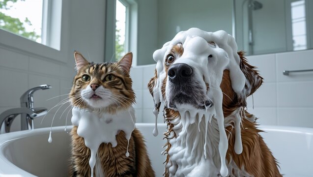Cat and dog covered in foam sitting in a bathtub, with a bright bathroom setting featuring windows and modern fixtures visible in the background