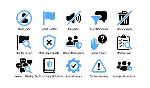 Content moderation icons showing reporting blocking and review on white