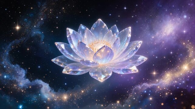 Crystal lotus slowly opening and closing in cosmic space. Seamless meditation loop. Spiritual awakening flower. Healing energy background.