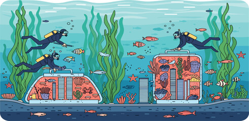 Marine Biologists Scuba Diving to Monitor Coral Reef Restoration Nurseries and Kelp Forest Ecosystem Conservation Underwater Concept © MstAnjuAra