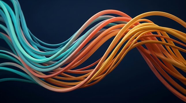 Abstract background with flowing colorful 3d lines, smooth wave shapes in teal, orange, and yellow on dark blue