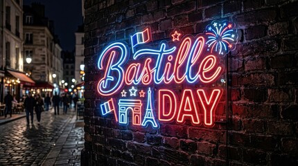 Bastille Day neon sign glowing on brick wall in Paris.