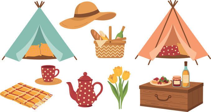 Cartoon outdoor picnic and glamping collection set with tents, basket, teapot, blanket, flowers, hat, and food isolated on white background