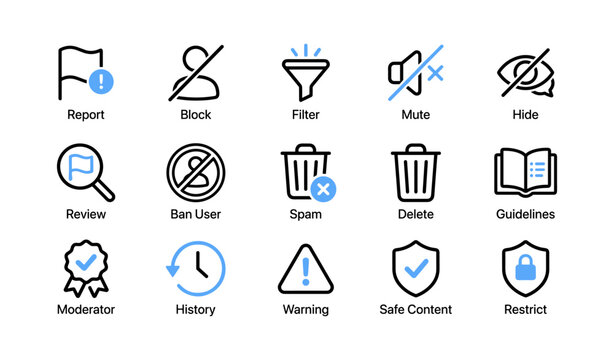 Community moderation and reporting icons displayed on white background