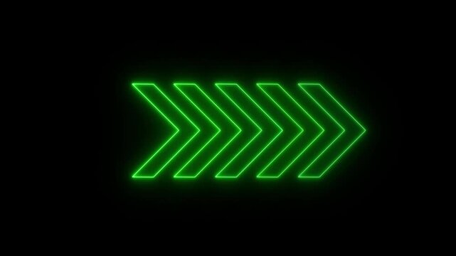Green neon colored swipe right arrow animation video. Blinking direction arrows,  overlay footage on transparent background. black 4k