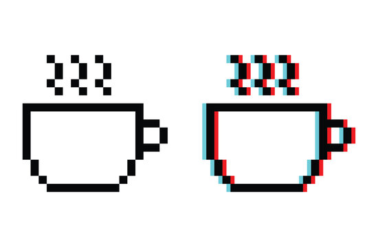 Hot coffee tea cup 8 bit vector icon for computer game, logo