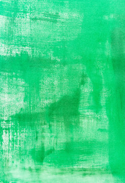 Green paint strokes cover textured canvas surface