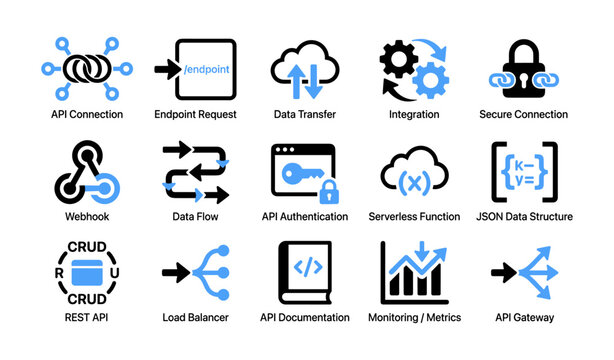 Api and integration icons arranged in grid on white background