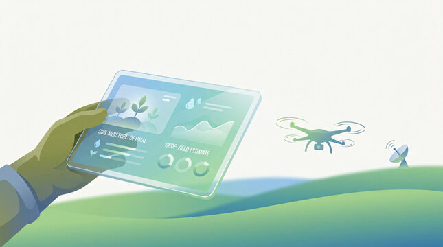 Farmer controlling a drone via tablet with agricultural data and analytics display, representing modern farming technology and precision agriculture.
